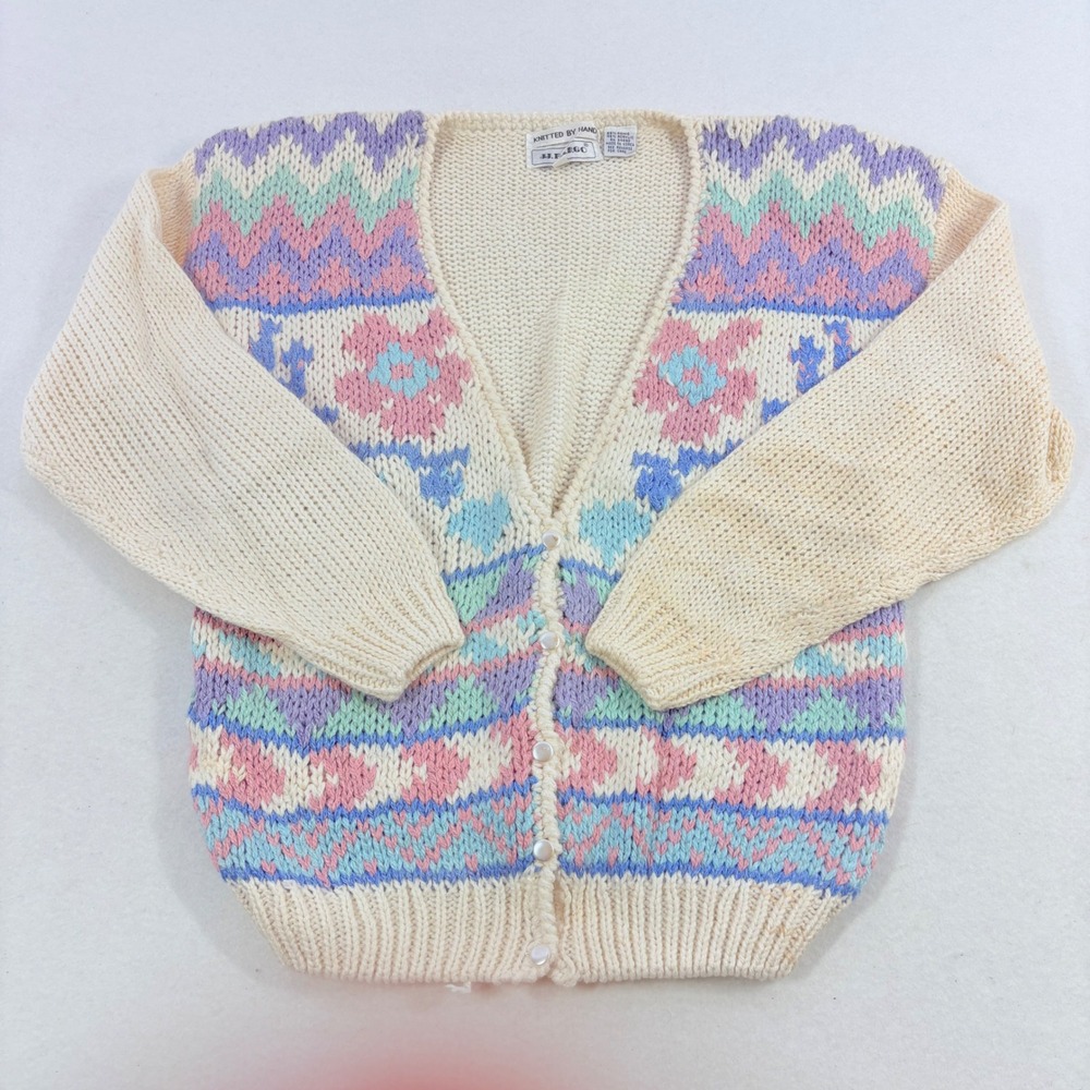 VTG 90s Cardigan Sweater Womens L Cream Pastel Floral Hand Knit Granny FLAW